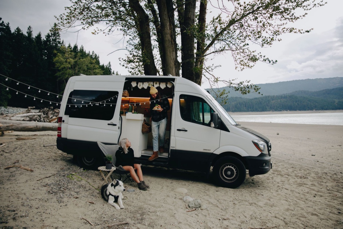 camping van interior with gear