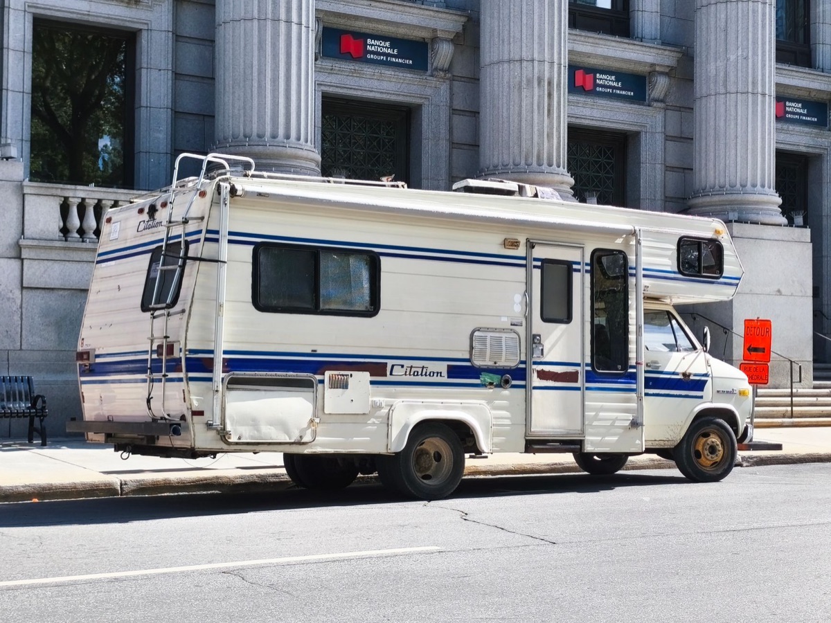 Camper van exterior with dirt