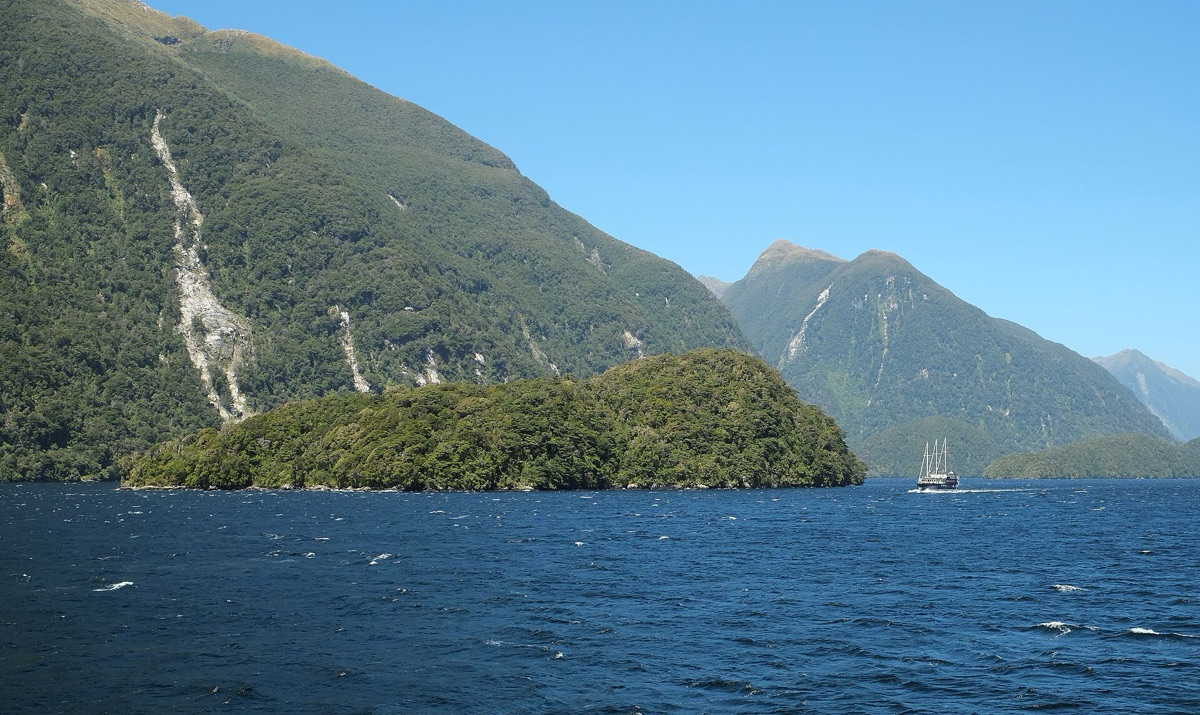 Cruise boat at milford sound, New Zealand
