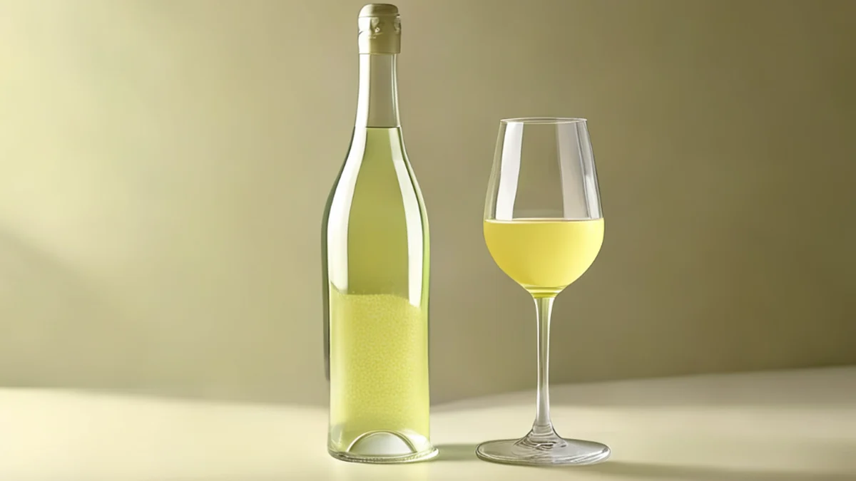 Vin blanc clair et jaune avec des reflets verts, bulles et perle fine.