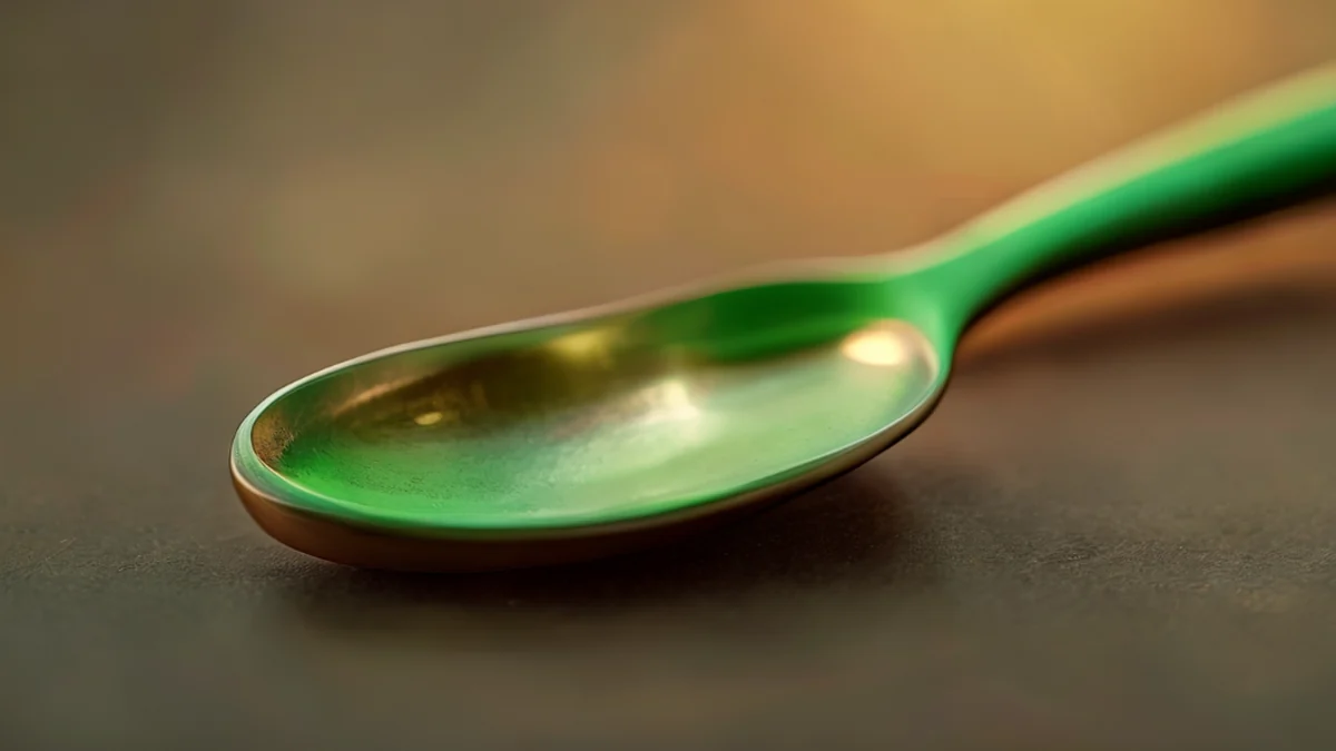stainless steel spoon, green, smooth, golden hour light, 50mm lens, shallow focus, photorealistic, high detail