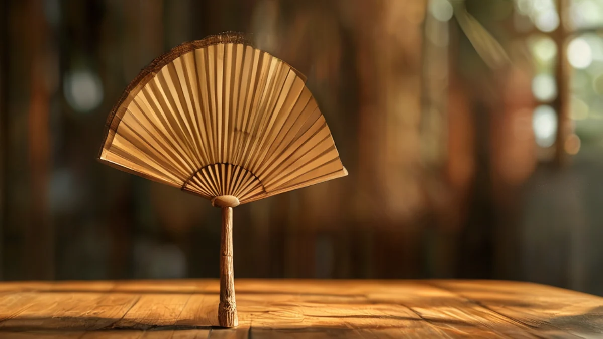 Un seul fan de cane à cadre en bambou, couleur brune naturelle, texture rugueuse, sur une table en bois, lumière chaude, champ de profondeur faible, photoréaliste, focus net, détails élevés