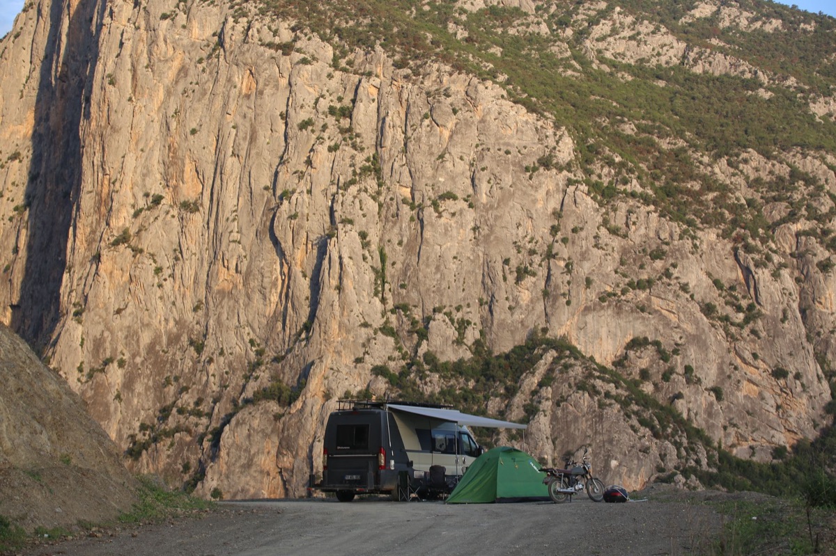 Camping van on mountain trail
