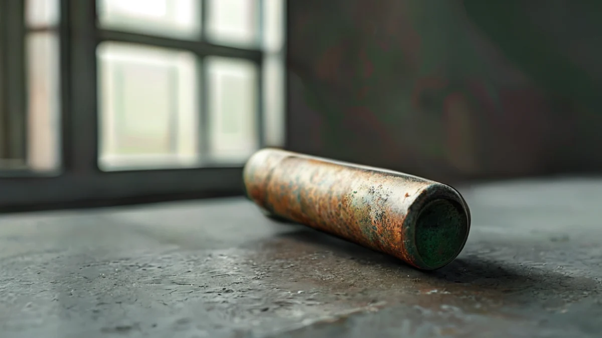 Een ijzeren pinnen met een gladde cilindervormige oppervlak en verbleekte groene verf, op een eenvoudige beton tafel onder zachte vensterlicht.