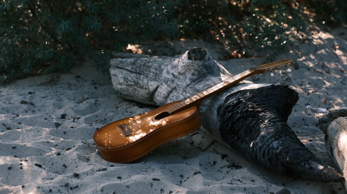 Wooden guitar on stone pedestal in New Zealand landscape