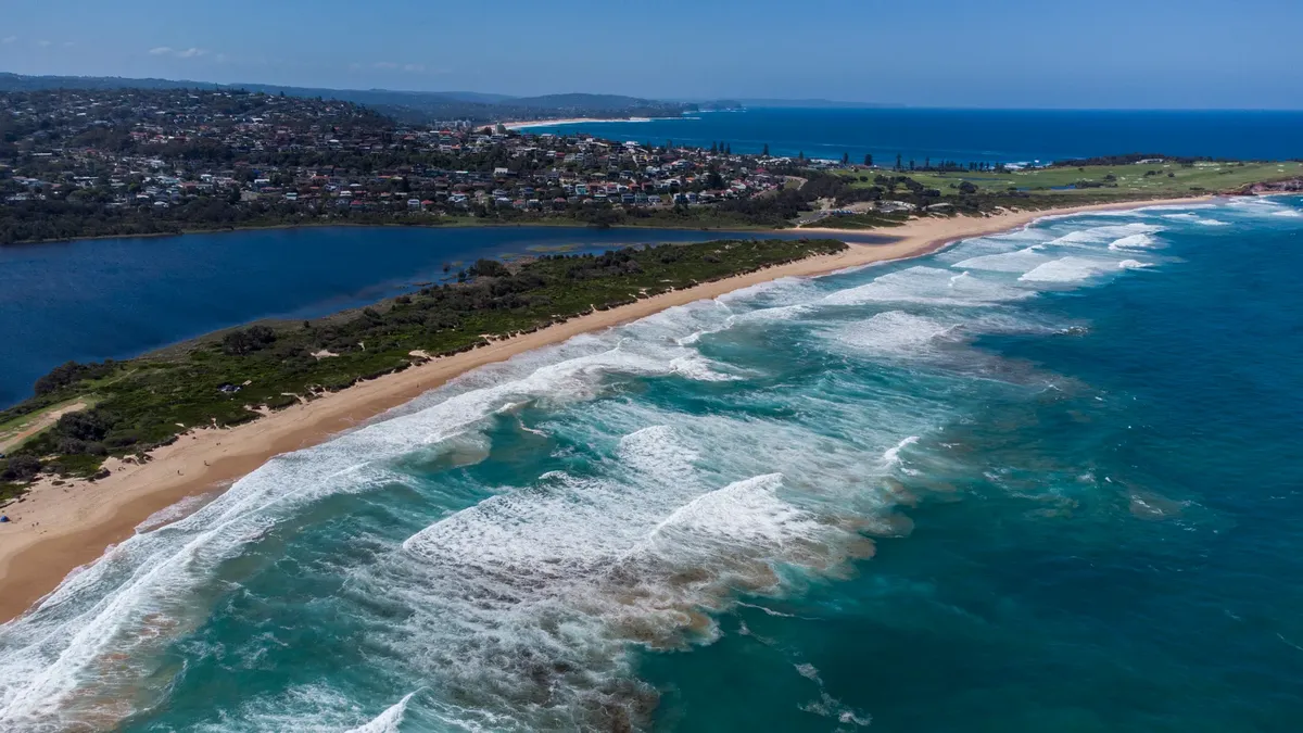 A stunning aerial shot of Dee Why Beach showcasing waves, shoreline, and lush surroundings.
