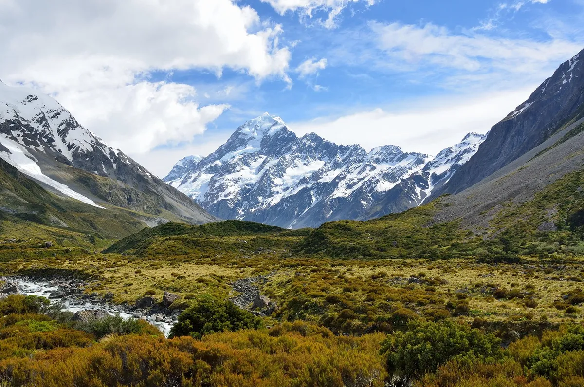 valley, mountains, landscape, countryside, scenery, scenic, mountain range, nature, alpine, alps, snow, southern alps, aoraki, mount cook, new zealand, mountain
