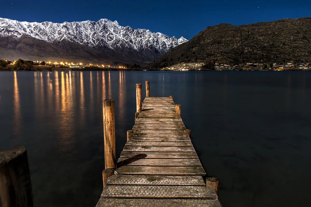 pier, dock, lake, port, new zealand, night, nature, stars, moon, lights, tourism, water, city, calm, travel, reflection, landmark, atmosphere, evening, dark, cl