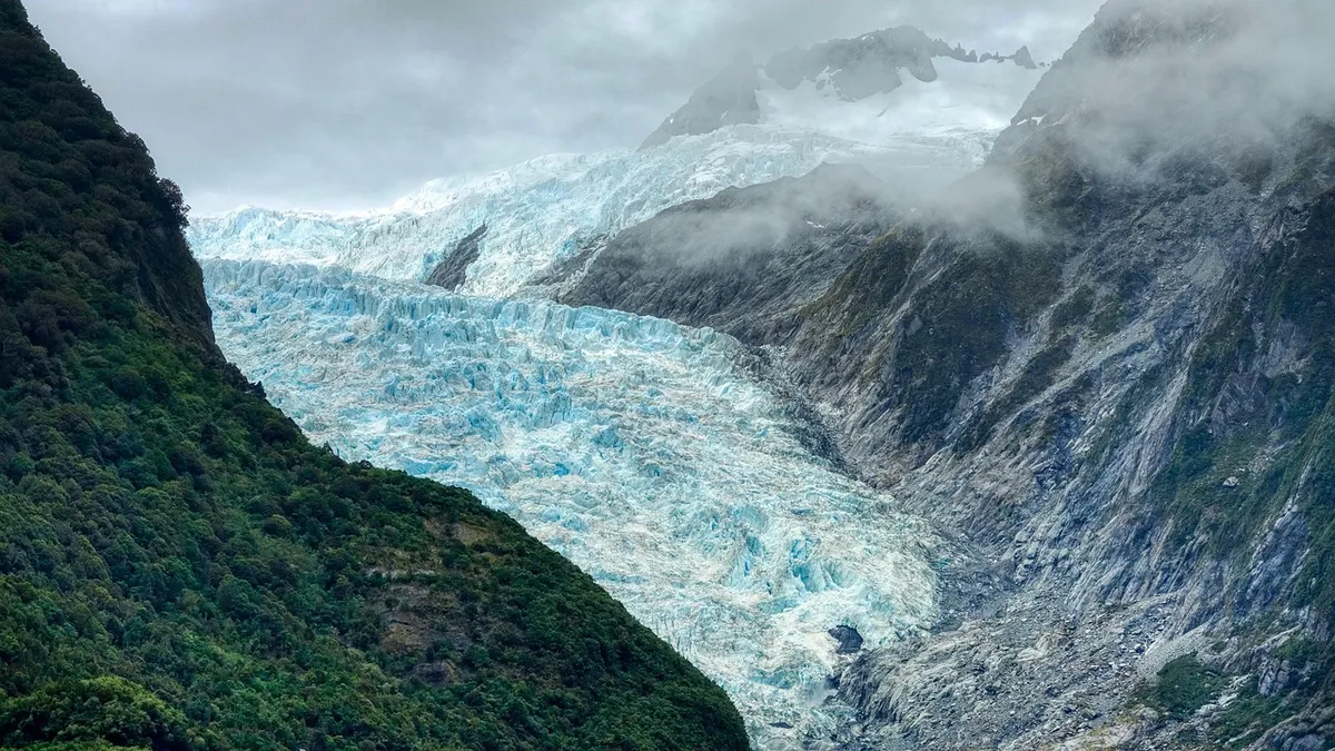 glacier, snow mountains, mountains, mountain range, snow, clouds, mountain view, franz jozef, waiau, new zealand, landscape, travel, scenic, nature, glacier, gl